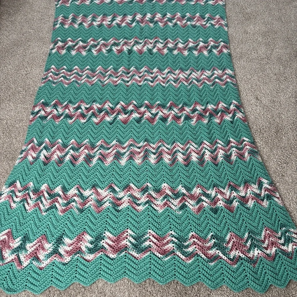 Handmade Crochet‎ AFGHAN Knit Chevron Zig Zag Blanket Throw Teal Pink White